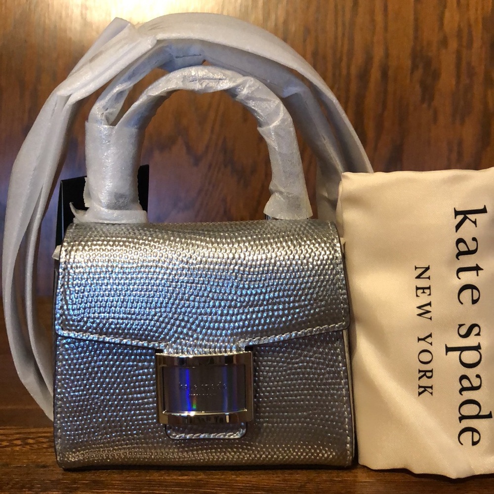 NWT-Kate Spade-Katy-Embossed Metallic Silver-Micro Crossbody-$228